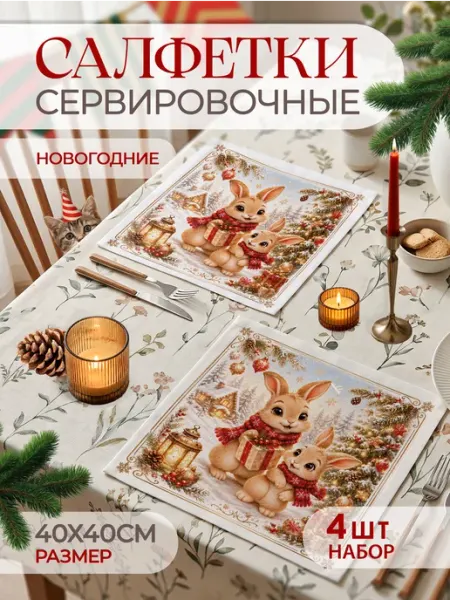 Новогодние салфетки тканевые на стол сервировочные 4 шт