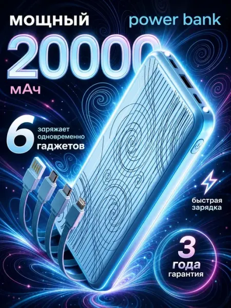 Повербанк 20000 mah с быстрой зарядкой для Iphone и Android
