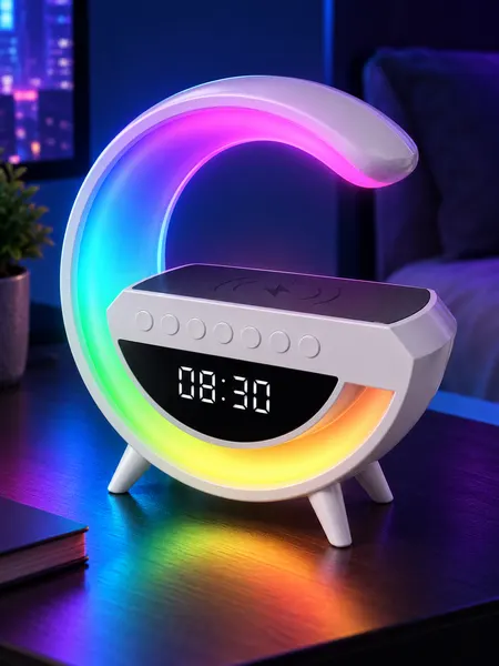 LED ночник с будильником, часами, беспроводной зарядкой и Bluetooth колонкой