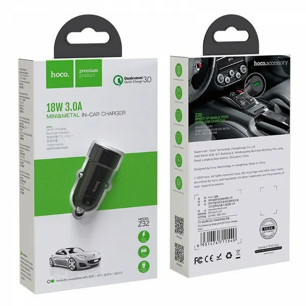 Автомобильное зарядное устройство HOCO Z32 Speed Up, 1 x USB-A QC3.0 18W, 3A, металл (Черный)