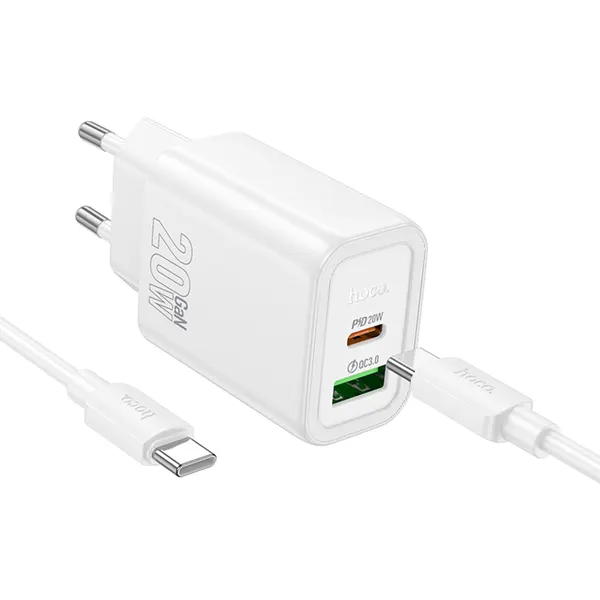 Сетевое зарядное устройство, 1 PD 20W + 1 USB 3.0 QC (N61), HOCO, Type-C to Type-C, белый