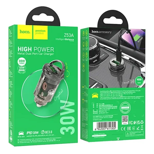 Автомобильное зарядное устройство HOCO Z53A Vision, USB-A QC3.0, Type-C PD 30W (Черный)