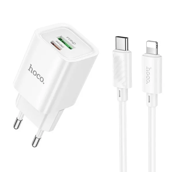Сетевое зарядное устройство HOCO C149A, с портами Type-C PD30W + USB-A QC3.0, с кабелем USB-C/Lightning, White