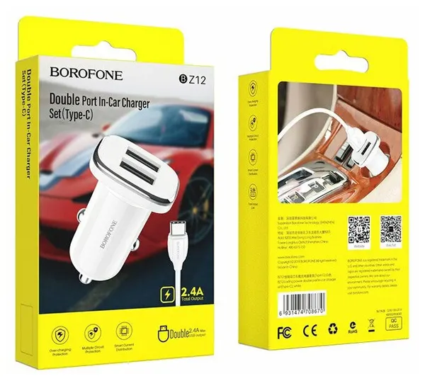 Автомобильно зарядное устройство Borofone BZ12 2.4A + кабель Type-C белое