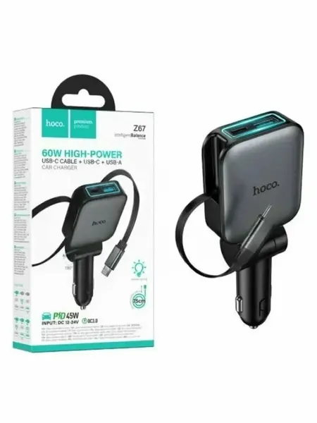 Автомобильное зарядное устройство HOCO Z67 Triunfar, Type-C, USB-A, кабель Type-C, 60W Max (Серый)
