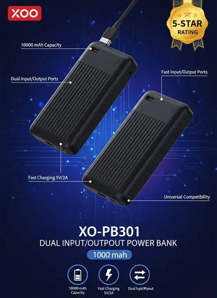 Внешний аккумулятор XO PB301, 10000мАч, QC 3.0, влагозащищенность, черный