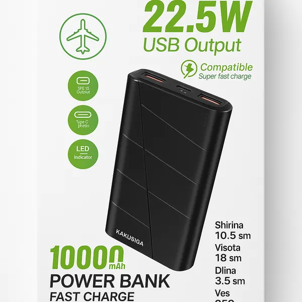 Внешний аккумулятор Kakusiga Power Bank Tezkor, 10 000mAh, 22W, черный