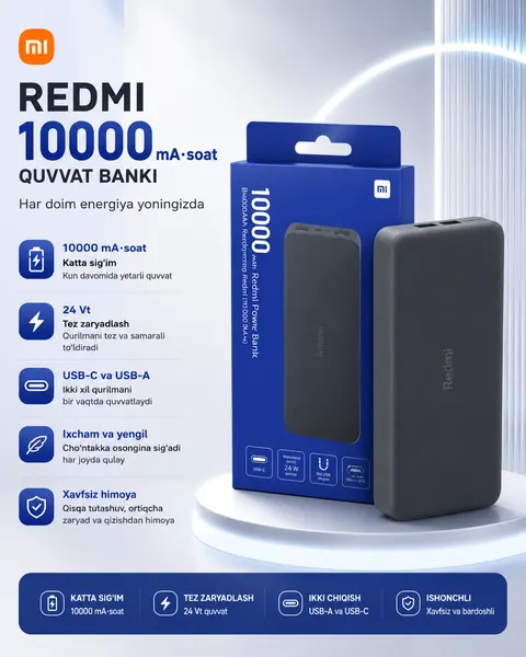 Внешний аккумулятор Xiaomi Redmi Power Bank, 10 000mAh, с быстрой зарядкой, черный