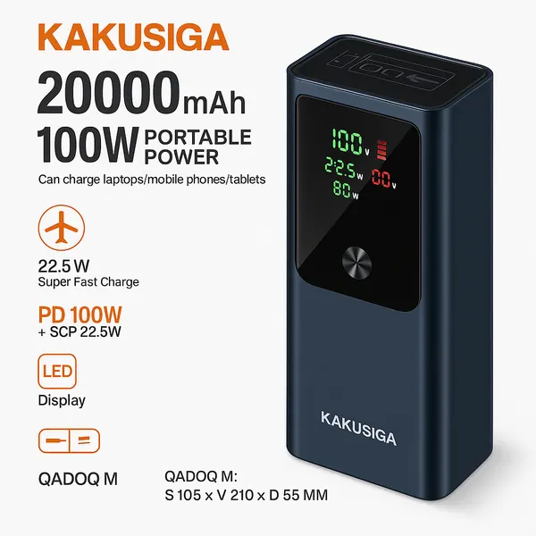 Внешний аккумулятор Kakusiga 20000 мАч, 100 Вт, быстрая зарядка | Для ноутбуков, телефонов и планшетов, дисплей