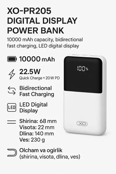 Внешний аккумулятор XO-PR205 с цифровым дисплеем, 10000 мА·ч, 22,5 Вт, 20 Вт PD, двунаправленная быстрая зарядка