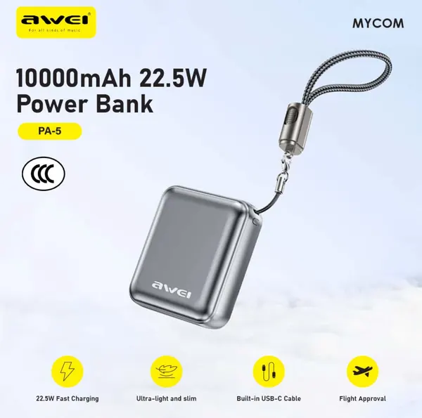 Awei PA5 Power Bank 10000 мАч, 22.5W, встроенный кабель Type-C, цифровой дисплей, CCC сертификат, черный