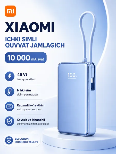 Повербанк 10000 мАч 45W с цифровым дисплеем и встроенным кабелем