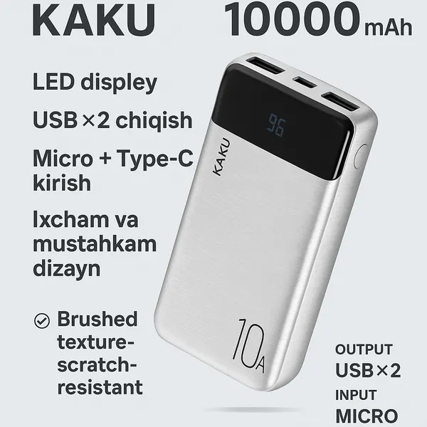 Внешний аккумулятор KAKU 10000 мА·ч | Светодиодный дисплей | Выход USB ×2 | Вход Micro + Type-C Premyum