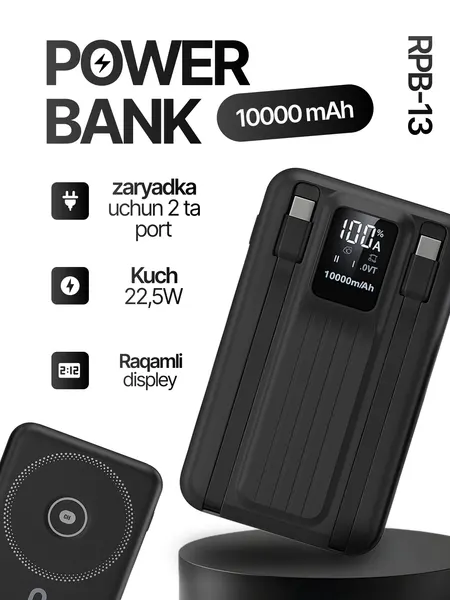 Powerbank Reex RPB-13 10000 mAh с беспроводной зарядкой MagSafe, быстрая зарядка, портативный аккумулятор