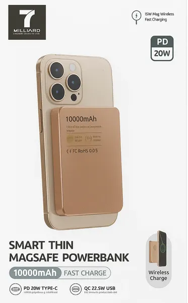 Powerbank 10000mAh, 15/20/22,5W fast charging, 7Milliard “Smart Thin” MagSafe (ORIGINAL), алюминиевым корпусом, DESERT
