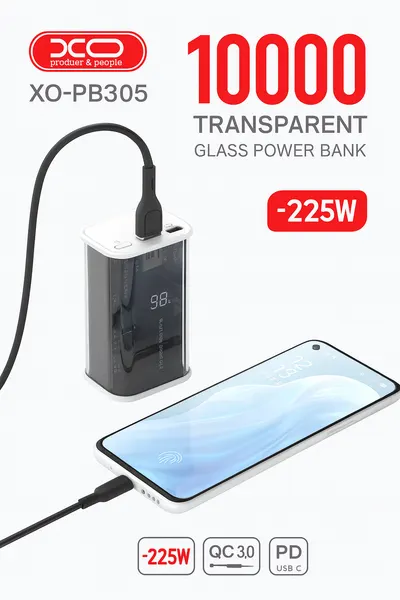 Внешний аккумулятор XO PB305, 25W, 10000mAh, прозрачный, ABS пластик