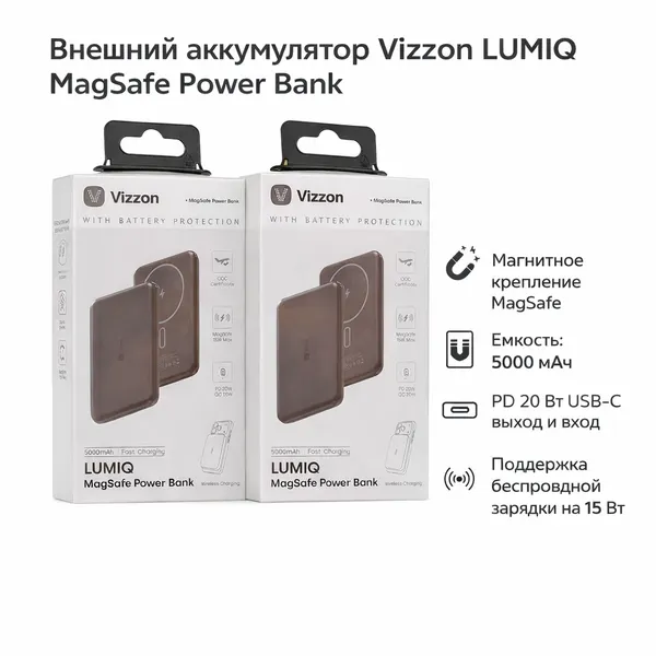Vizzon LUMIQ MagSafe Power Bank 5000 mAh — магнитный внешний аккумулятор с беспроводной зарядкой 15W
