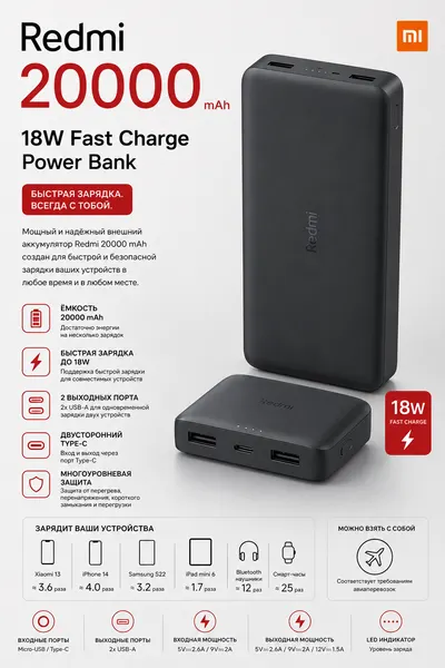 Повербанк Xiaomi Redmi 20000mAh Power Bank, зарядное устройство, 18W