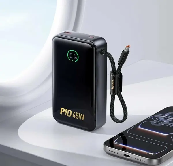 Внешний аккумулятор HOCO Q54 Shine 20000 мАч 45W PD/QC, со встроенным кабелем USB-C, LED-дисплей, черный