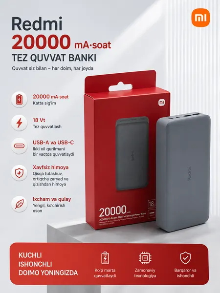 Внешний аккумулятор Xiaomi Redmi Power Bank, 20000mAh, быстрая зарядка, чёрный