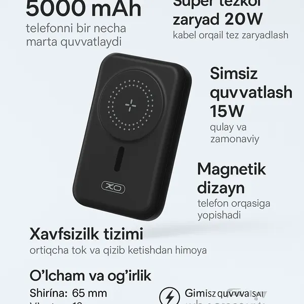 Внешний аккумулятор XO Mini Power Bank XO-PR153, беспроводной, магнитное крепление, 5000мА, черный