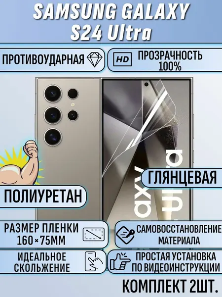 Гидрогелевая пленка Samsung S24 Ultra / самсунг S24 ультра глянцевая на весь экран 2 шт