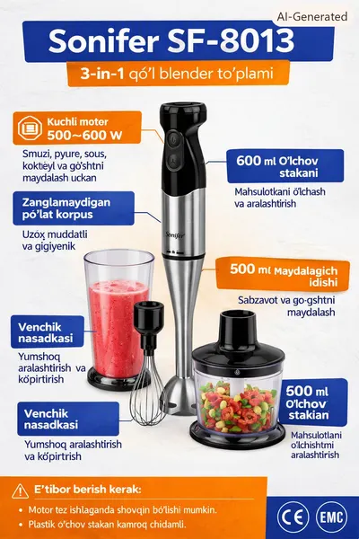 Блендер Sonifer 3 в 1 SF-8013, измельчитель/венчик, мощность 600 Вт