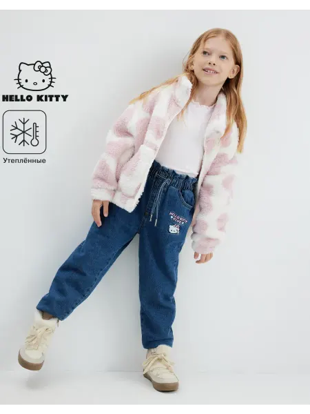Gloria jeans Утеплённые джинсы на резинке с вышивкой Hello Kitty на флисе