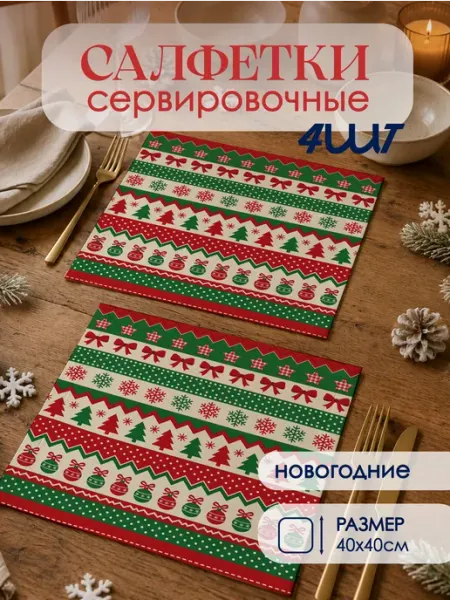 Новогодние салфетки тканевые на стол сервировочные 4 шт