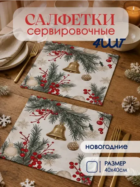 Новогодние салфетки тканевые на стол сервировочные 4 шт