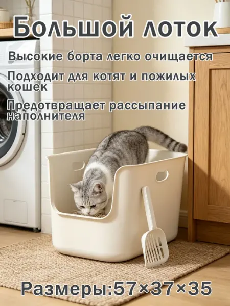 Большой лоток для кошек высокие борта легко очищается