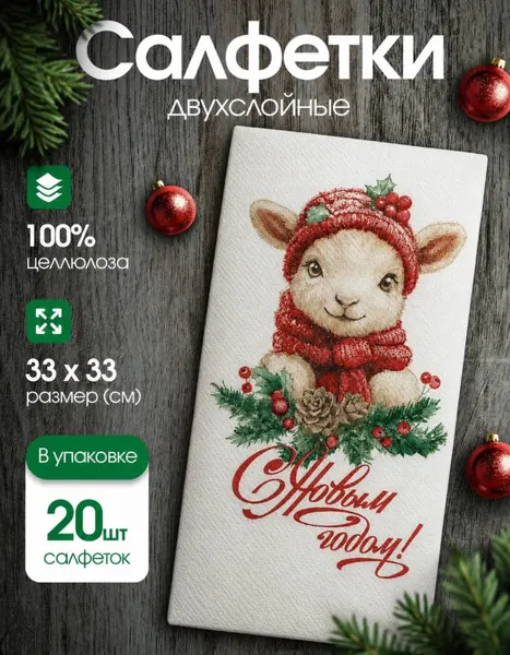 Сервировочные салфетки, 3-х слойные, Символ года (овечка/коза), 33*33 см, 20 шт.