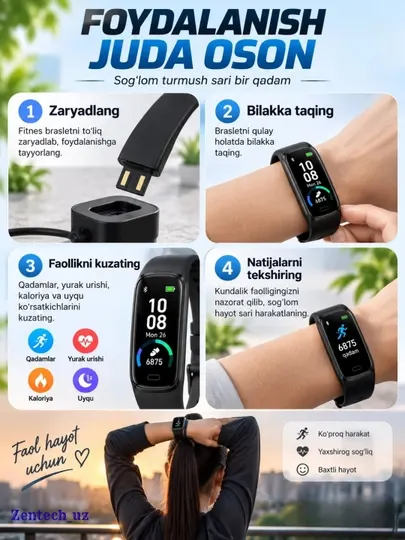 Фитнес-браслет Fitness Tracker, подсчёт шагов, мониторинг пульса, сна и калорий, IP67 - Фитнес браслеты