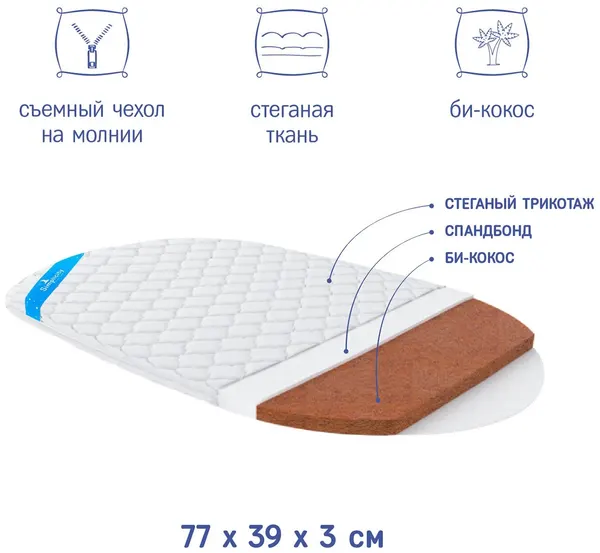 Матрас Simplicity Bliss Mini, 77х39 см кокосовый наполнитель, съемный чехол, гипоаллергенный