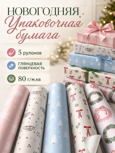 Упаковочная бумага 5 рулонов "Рождественский узор" MESHU
