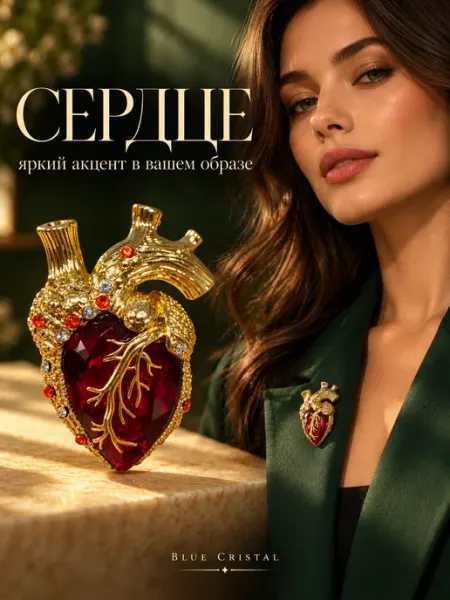 Брошь стильная оригинальная сердце со стразами Blue Cristal