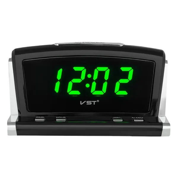 Сетевой будильникVst718-2 220В св. зел. цифры+USB кабель (без адаптера)