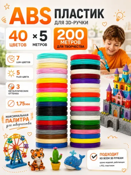 Пластик для 3д ручки ABS стержни 3d набор 40 цветов по 5 м НИТ
