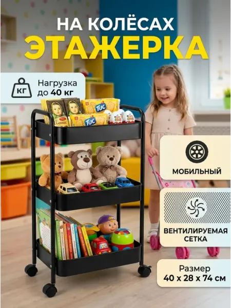 Тележка стеллаж 3 яруса на колесиках металлическая GOOD HOME