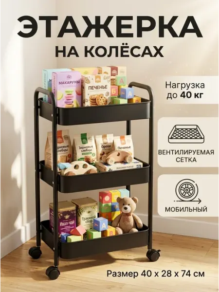 Полка передвижная 3 яруса на колесиках металл дом STRONG металлические стеллажи