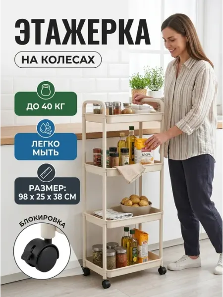 Этажерка пластик на колесах полка кухонная узкая GOOD HOME