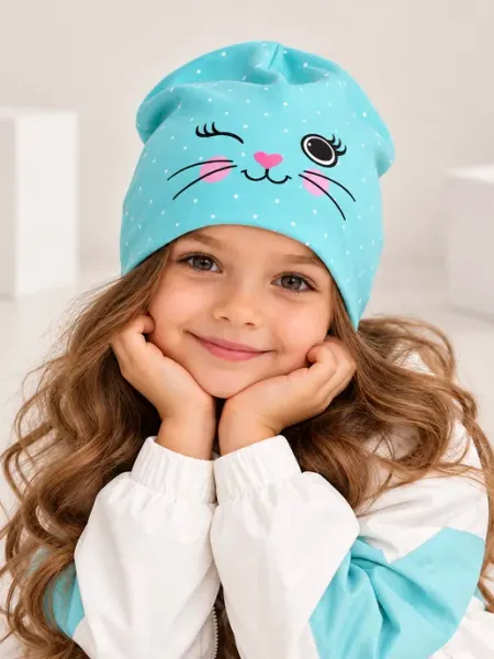 Шапка двойная демисезонная с рисунком Кошка Linas Baby