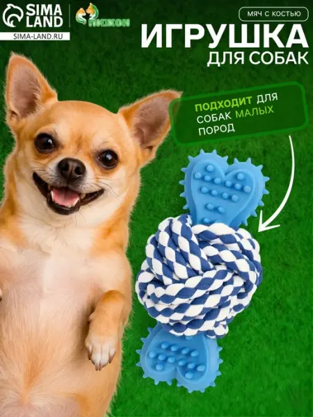 Канатный мяч с костью для собак, 11 см, синяя игрушка Пижон