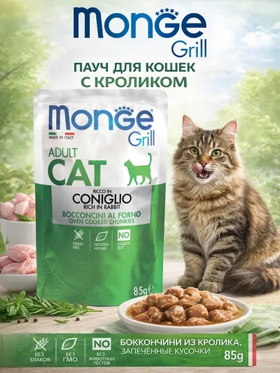 Monge пауч для взрослых кошек Grill с кроликом, 85 гр по 4 штуки