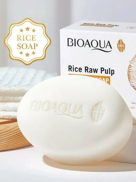 Мыло рисовое отбеливающее Bioaqua, с экстрактом риса и кокоса с сеточкой для взбивания пены