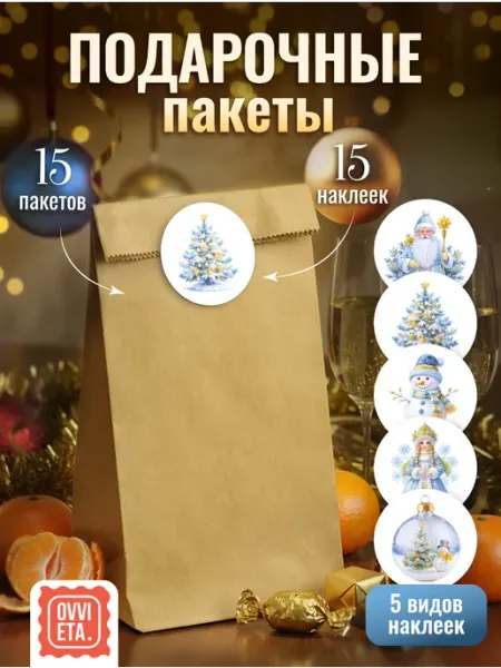 Крафт пакеты подарочные маленькие с наклейками, набор 15 шт OVVIETA