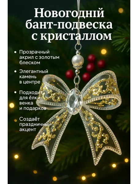 Q Новогоднее украшение бант с кристаллом на елку 2шт
