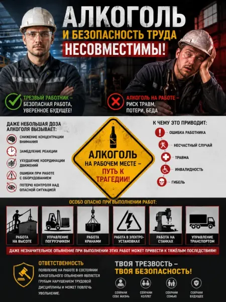 Плакат "Алкоголь и безопасность труда несовместимы"