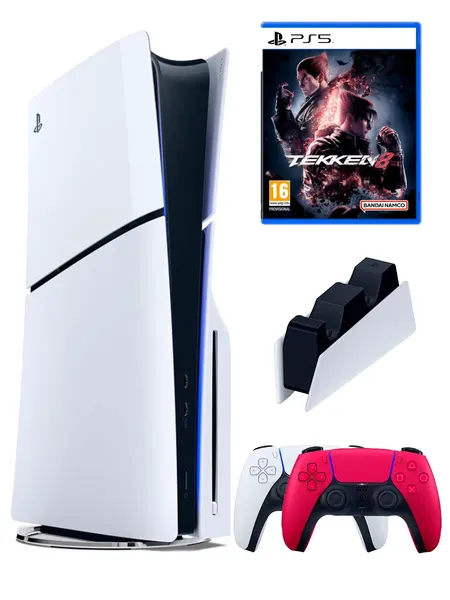 PS5 (ПС5) Игровая приставка Sony PlayStation 5 Slim disk+2-й геймпад(красный)+зарядное+ игра Tekken 8, 1000 ГБ
