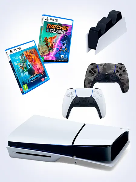PS5 (ПC5) Игровая приставка Sony PlayStation 5 Slim disc + 2-й геймпад(камуфляж) + зарядное + игра Minecraft+ игра Ratchet Clank